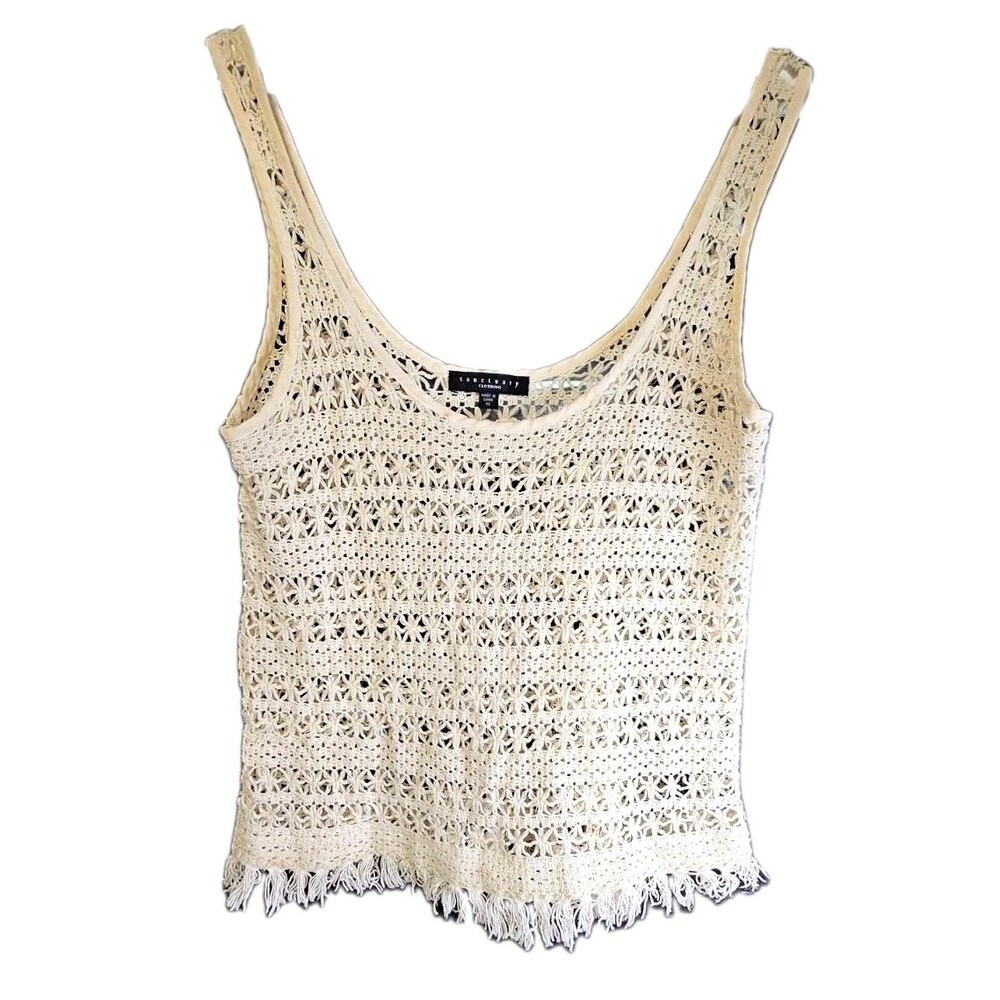 Sanctuary Crochet Tank Top M Ivory Open Knit Fringe Boho Festival Coastal